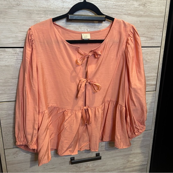 a new day Pink Elbow Sleeve Peplum Tie-Front Blouse Large - Picture 3 of 5